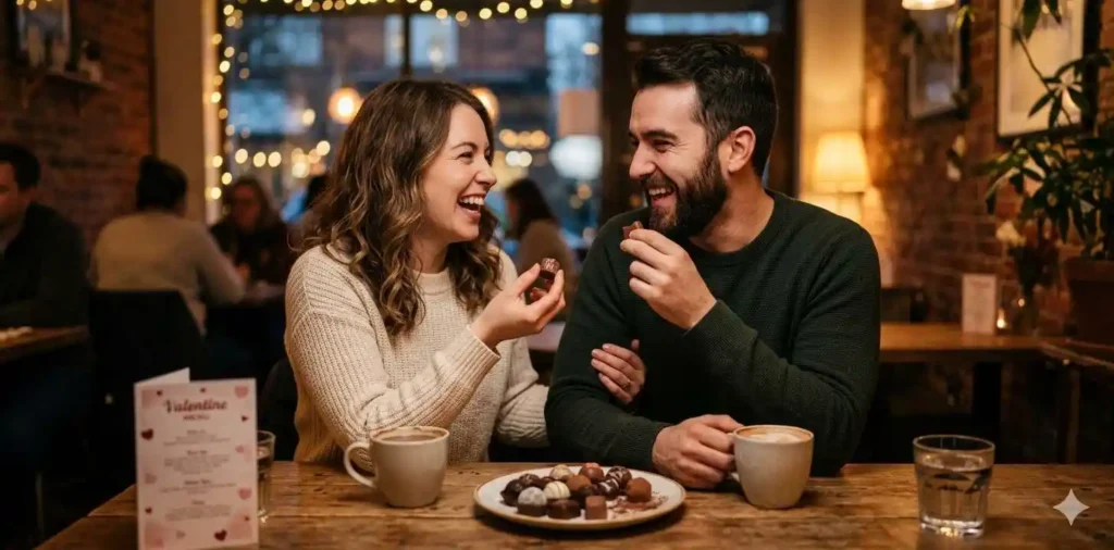 Couple sharing chocolates and smiling together