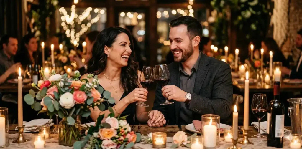 Couple celebrating anniversary with dinner toast