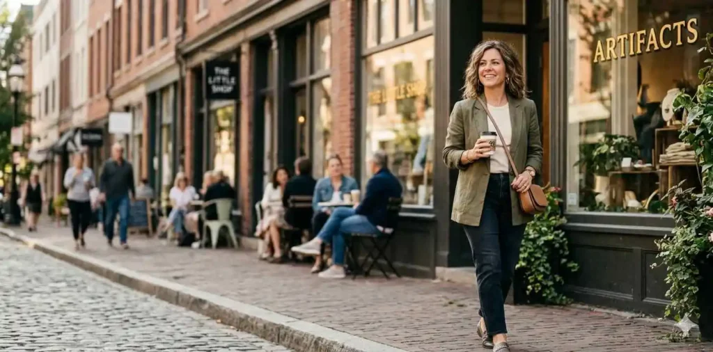 Stylish aunt enjoying afternoon city stroll