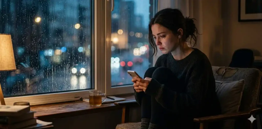 Person sitting alone during rainy evening