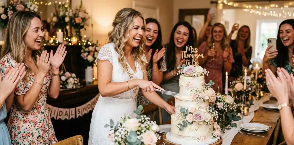 Bride cutting elegant floral decorated cake