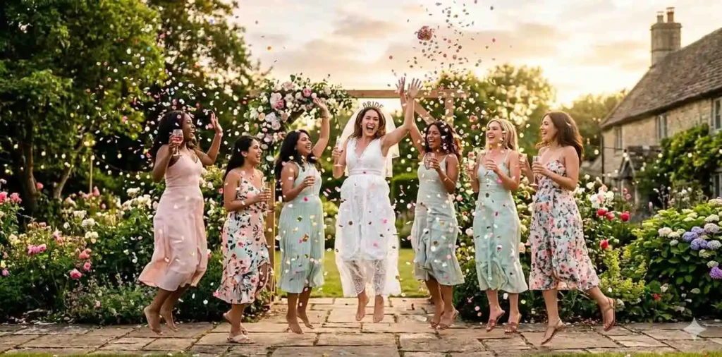 Bride and friends tossing colorful confetti