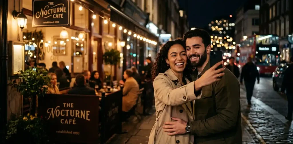 Couple posing warmly during evening date