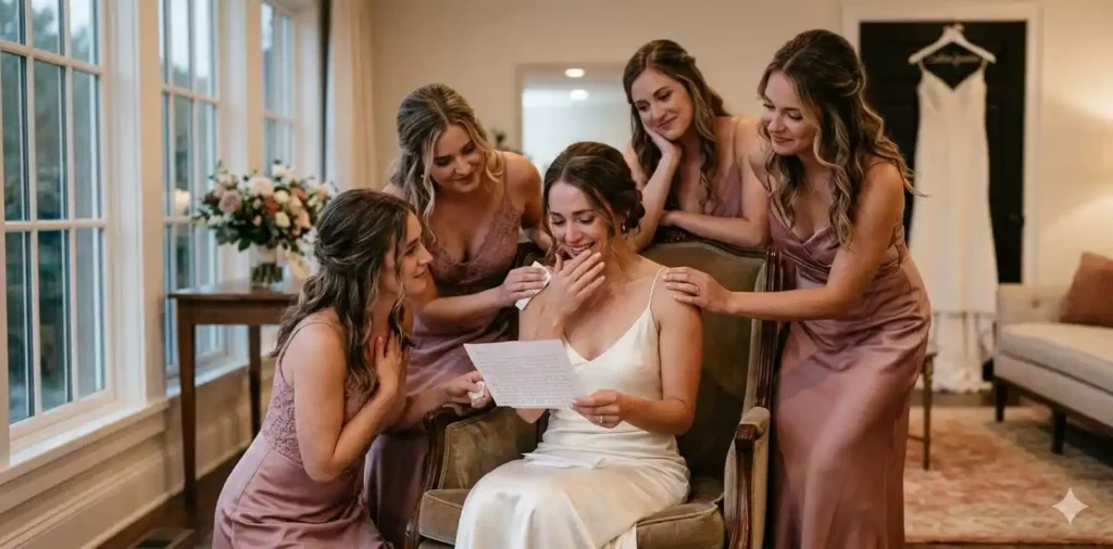 Bride sharing heartfelt moment with friends
