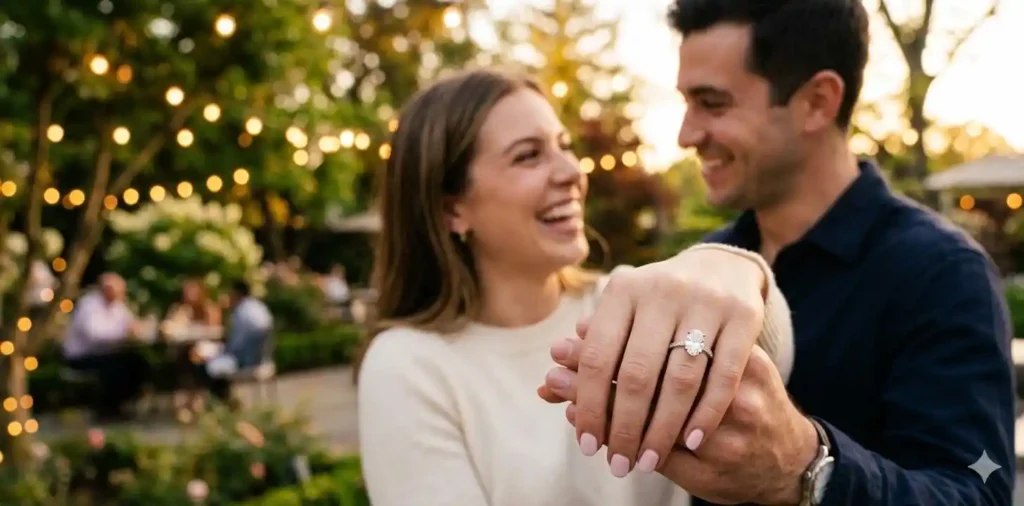 Close-up of engagement ring on finger