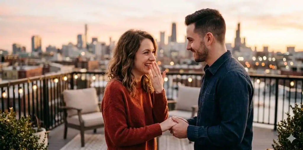 Couple showing engagement ring at sunset
