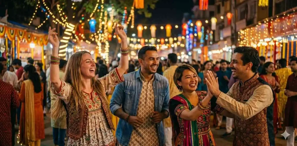 People celebrating colorful festival lights