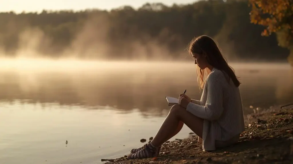 Person journaling beside peaceful lakeside sunrise