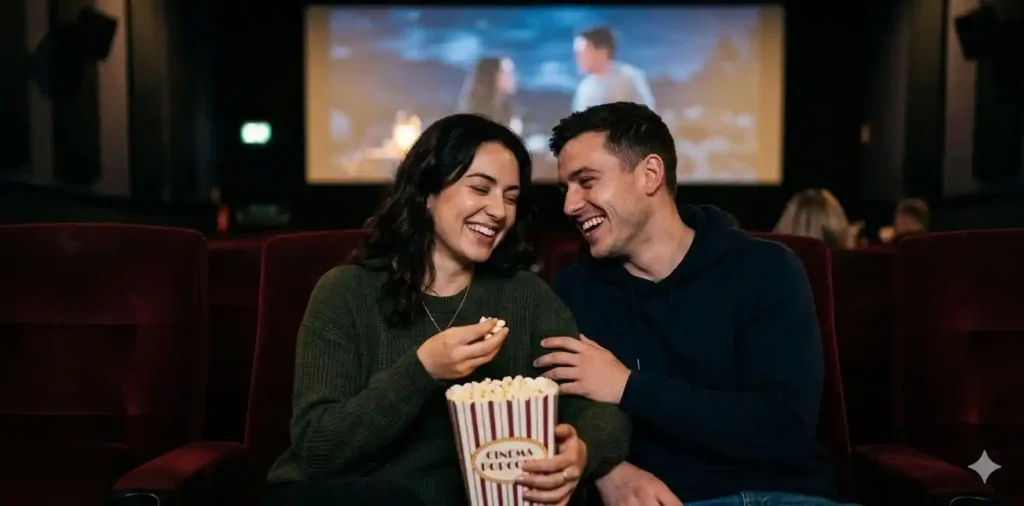 Couple enjoying cozy movie theater date