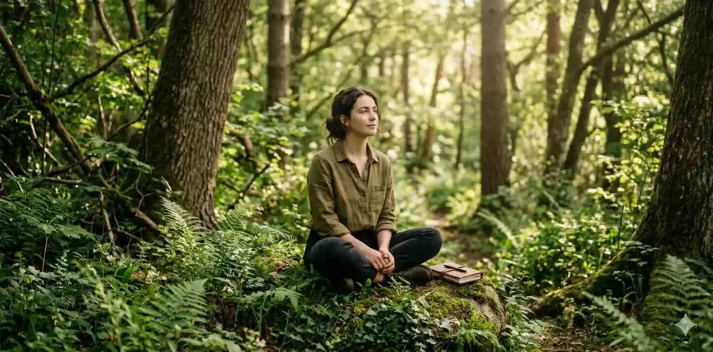 Person sitting in peaceful forest scenery