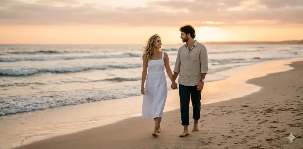 Couple holding hands during sunset walk