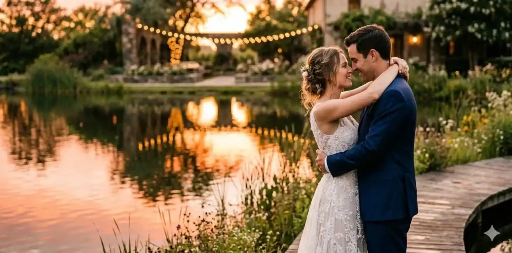 Bride and groom embracing at sunset