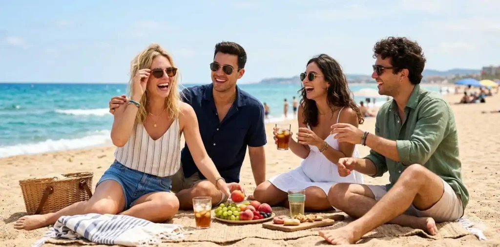 Friends laughing at sunny beach picnic