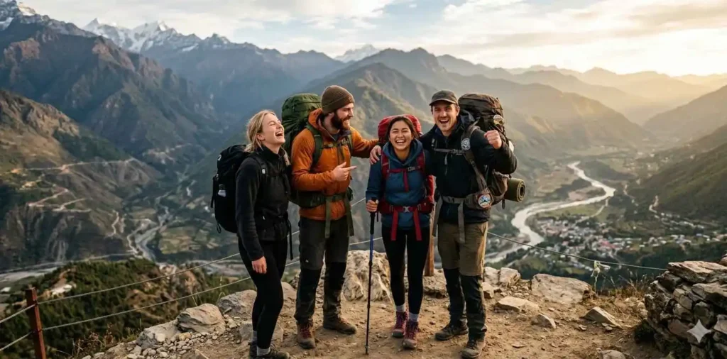 Friends enjoying scenic mountain travel moment