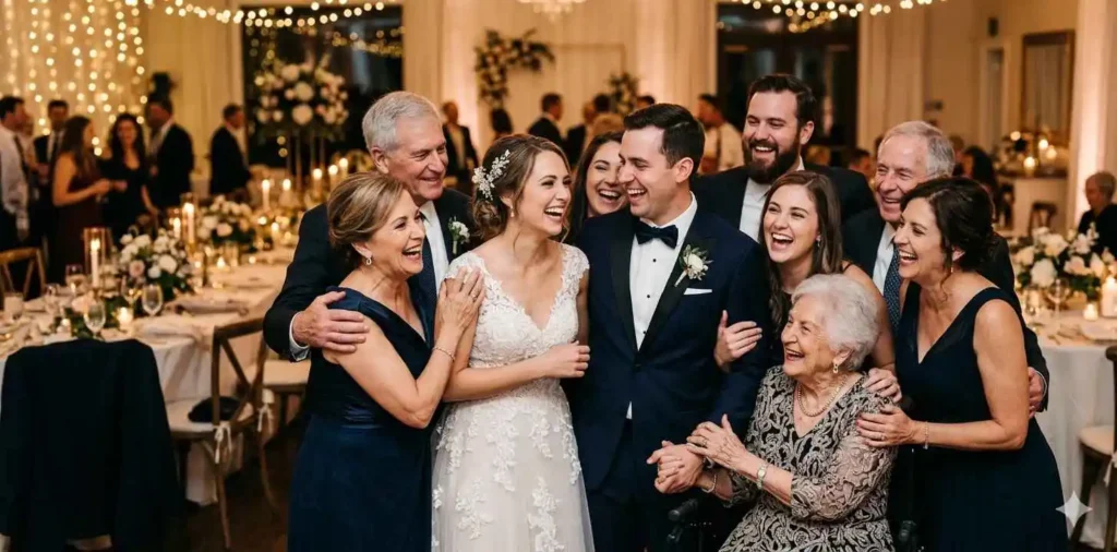 Family celebrating together at wedding reception