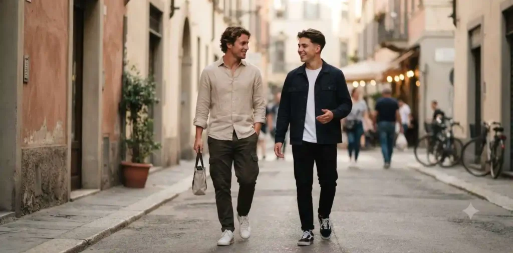 Stylish brothers posing in an urban setting