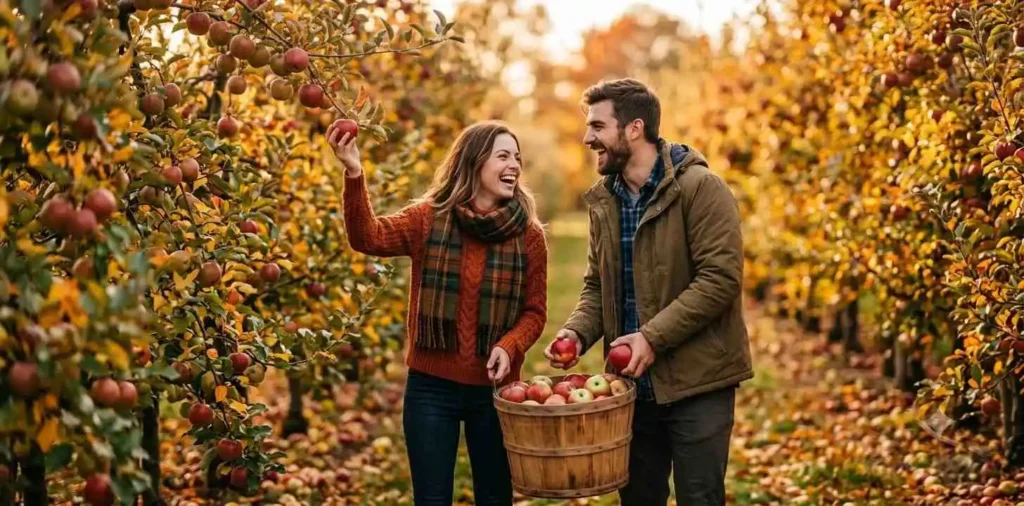 Couple enjoying apple picking together
