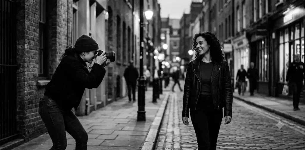 Photographer capturing urban monochrome portrait
