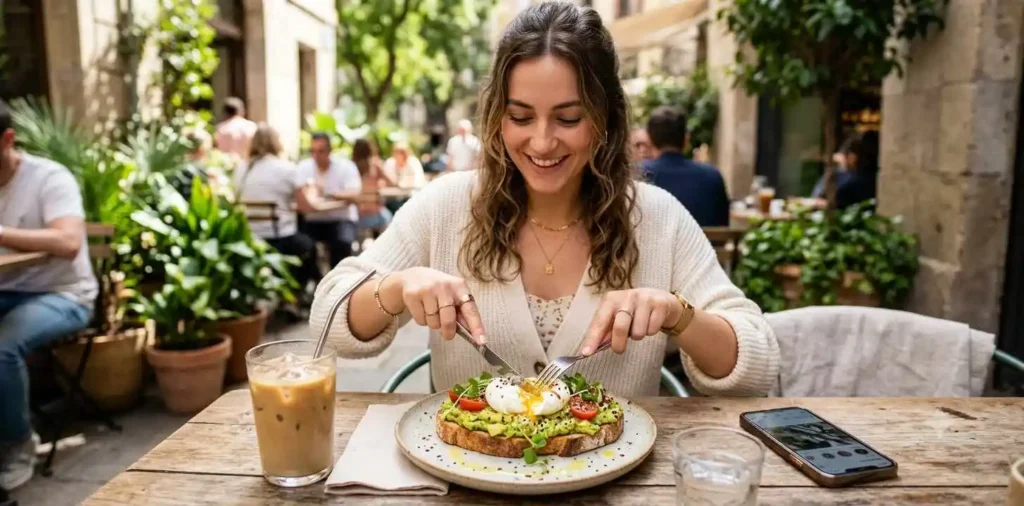 Woman enjoying avocado toast at a modern café
