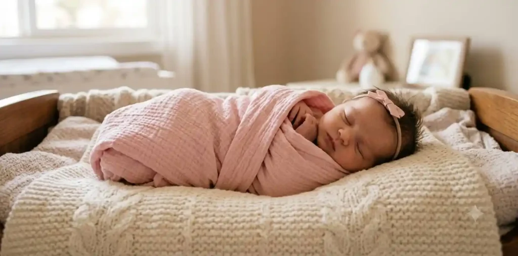 Sleeping baby girl wrapped in blanket