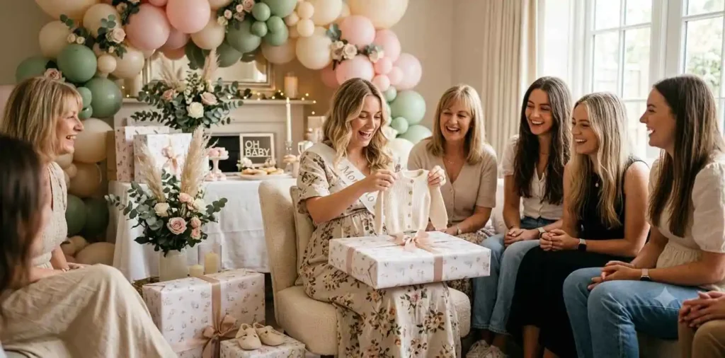 Expecting mother opening baby gifts with friends