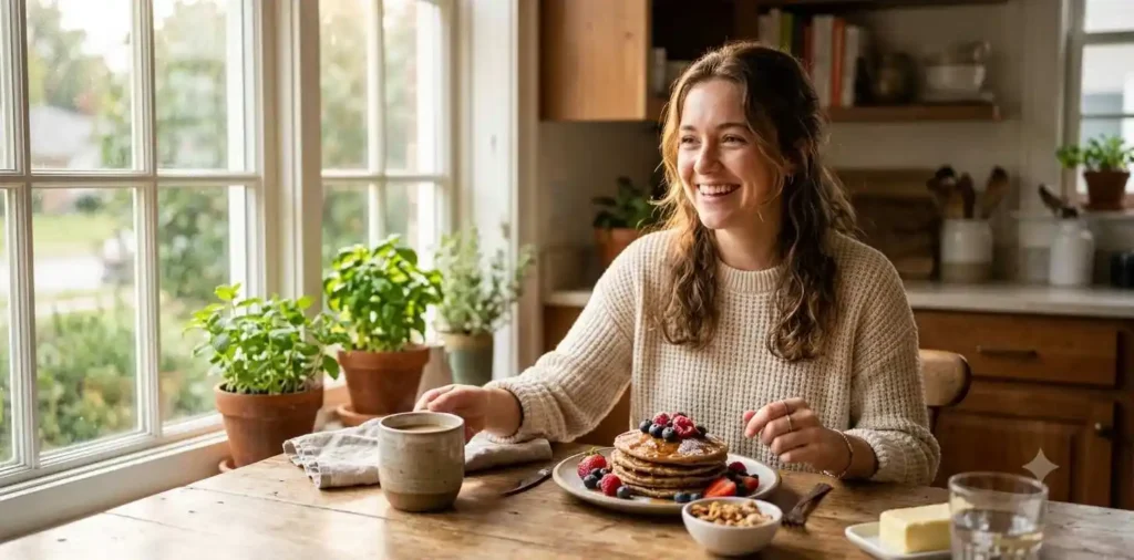 Fresh breakfast beside a bright sunny window