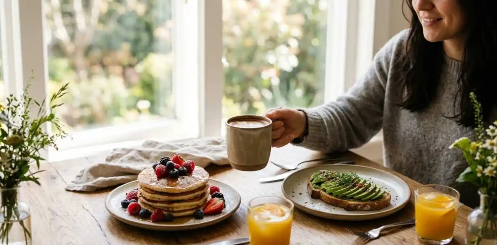 Beautiful breakfast spread on rustic table