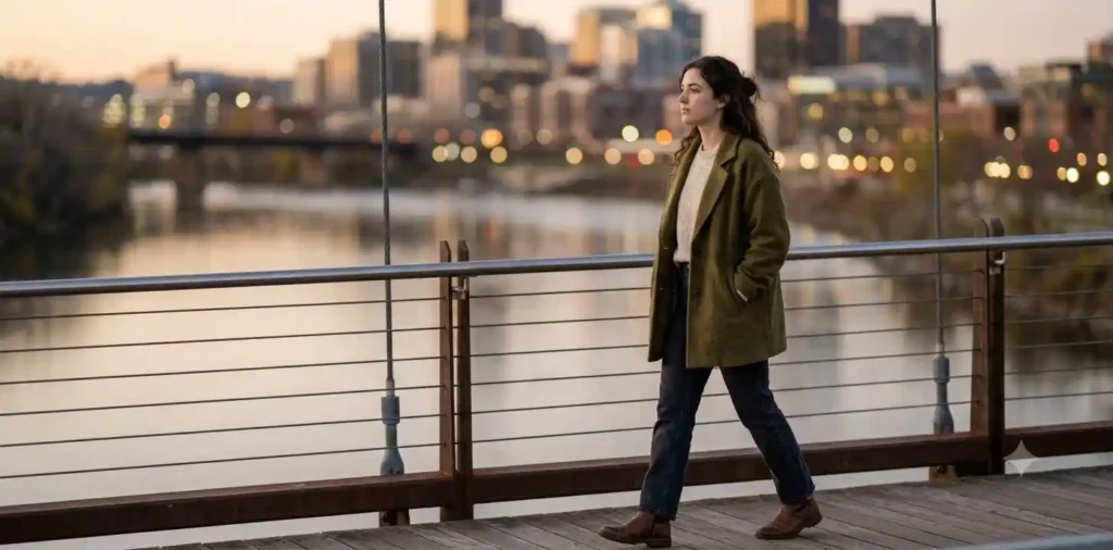 Woman walking alone across a quiet bridge