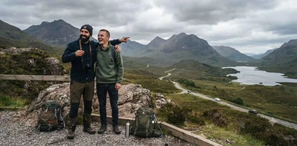 Brothers enjoying a mountain road trip