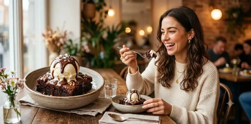 Woman enjoying warm brownie with ice cream