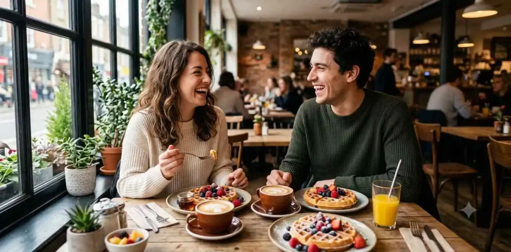 Couple enjoying brunch together at a cozy café