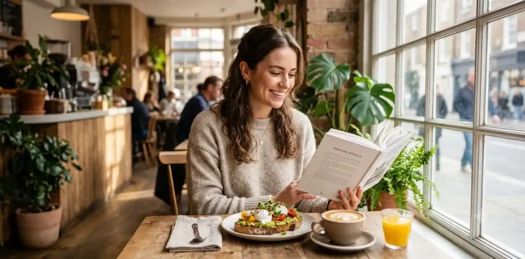 Woman enjoying breakfast at cozy café