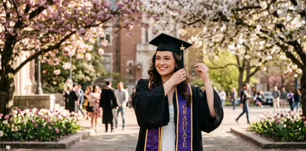 Graduate adjusting cap before commencement ceremony