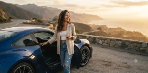 Person standing beside stylish car