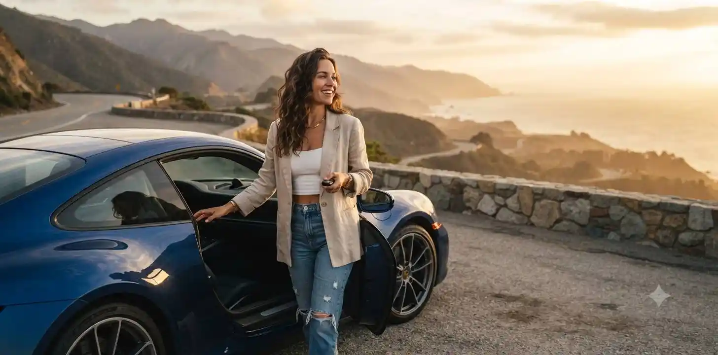 Person standing beside stylish car