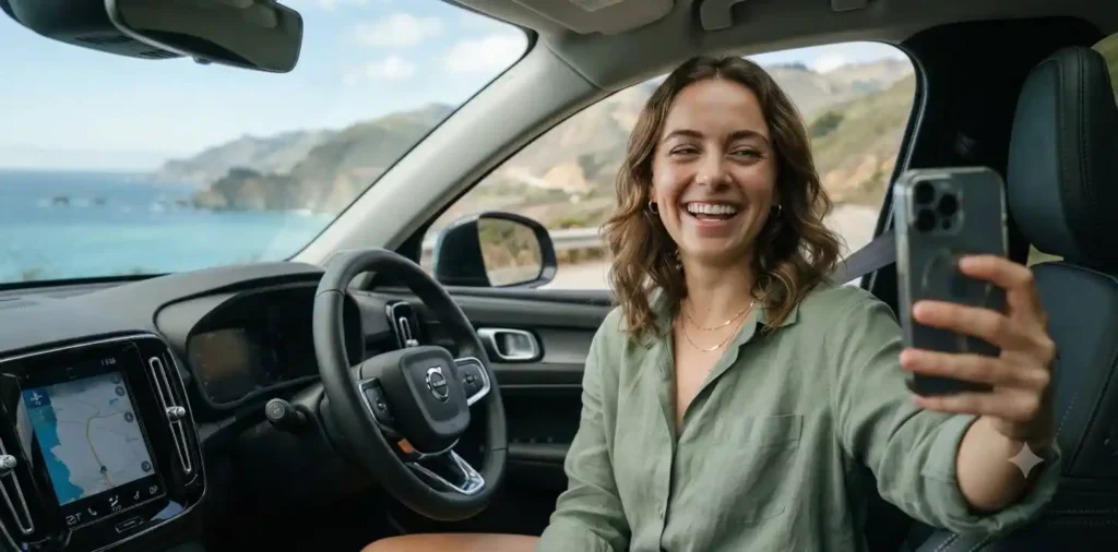 Person taking selfie inside car