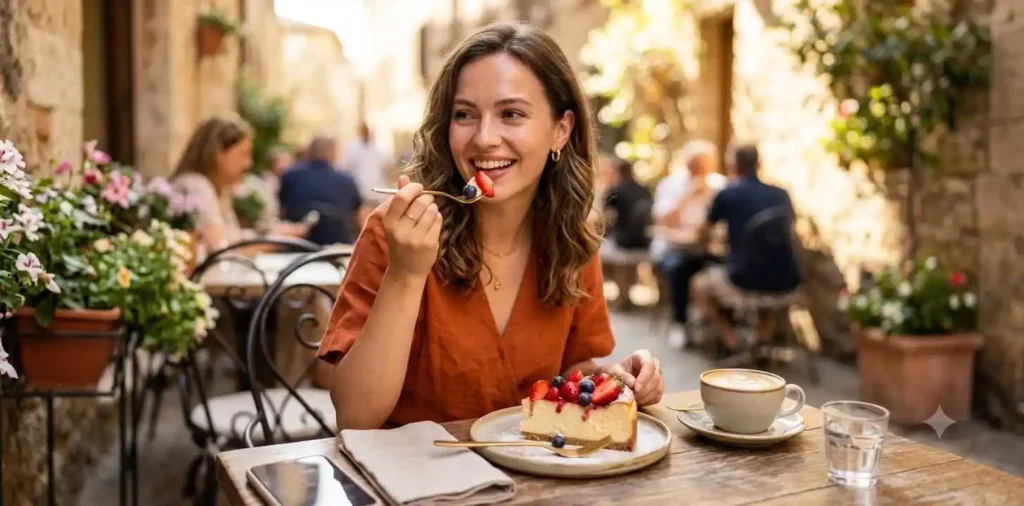 Woman enjoying creamy cheesecake at café
