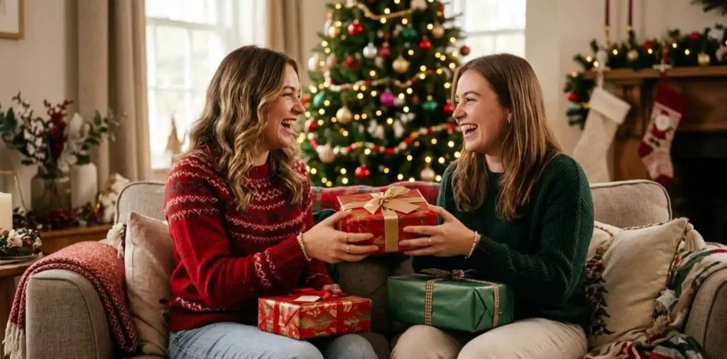 Cousins exchanging Christmas gifts together