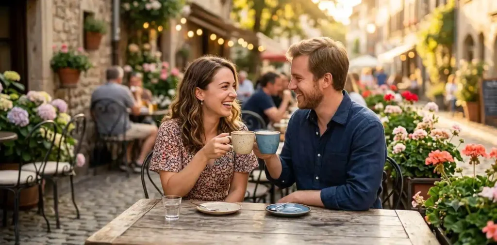 Couple sharing coffee at a cozy café