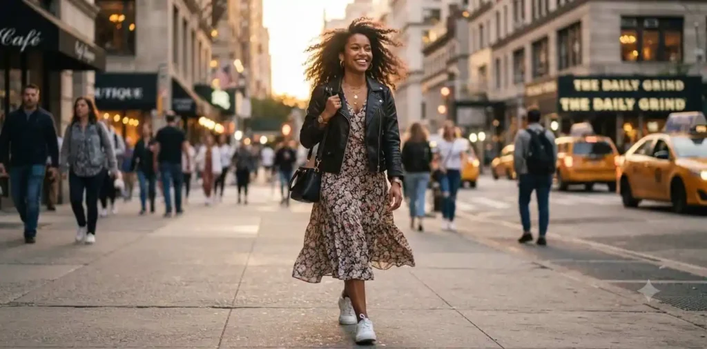 Confident woman smiling while walking through the city