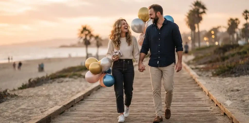 Happy couple walking with birthday balloons
