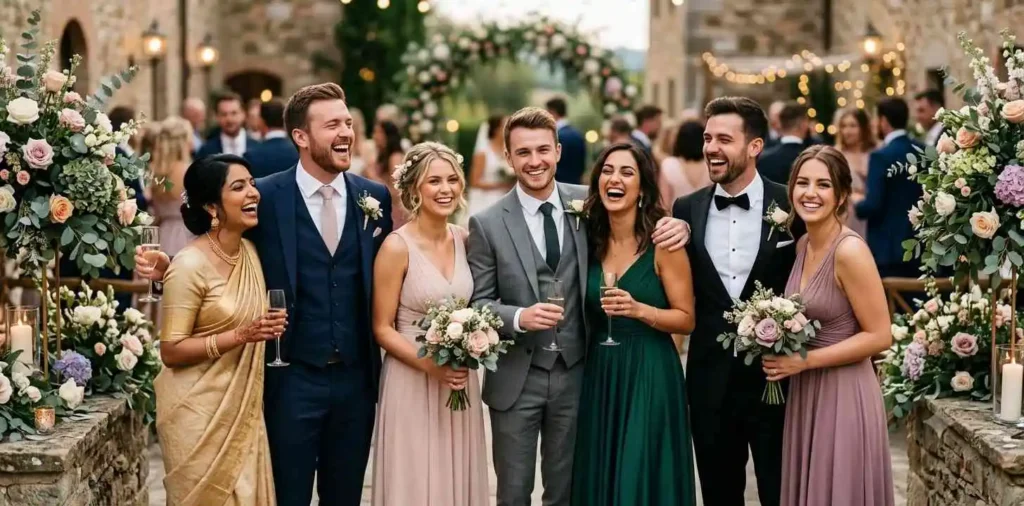 Bride celebrating with cousins outdoors