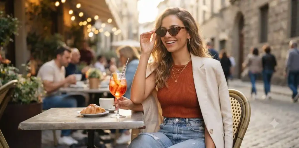 Young woman smiling while holding sunglasses outdoors