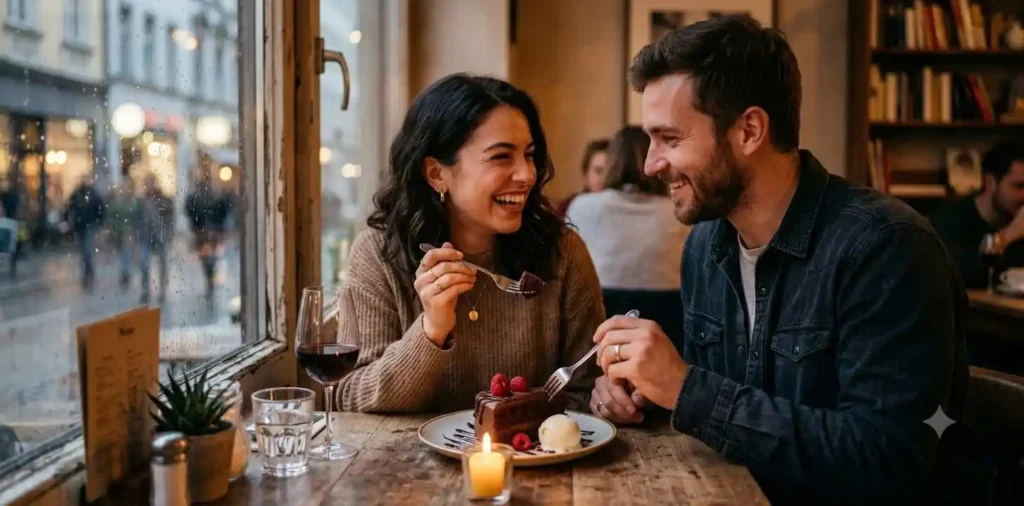 Couple sharing chocolate cake at cozy café
