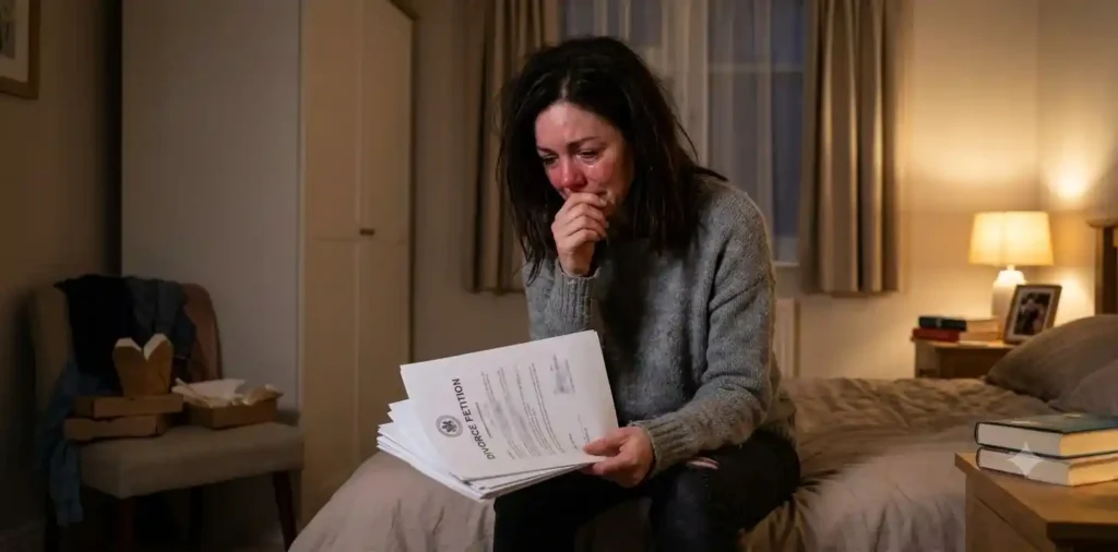 Crying woman holds divorce papers.