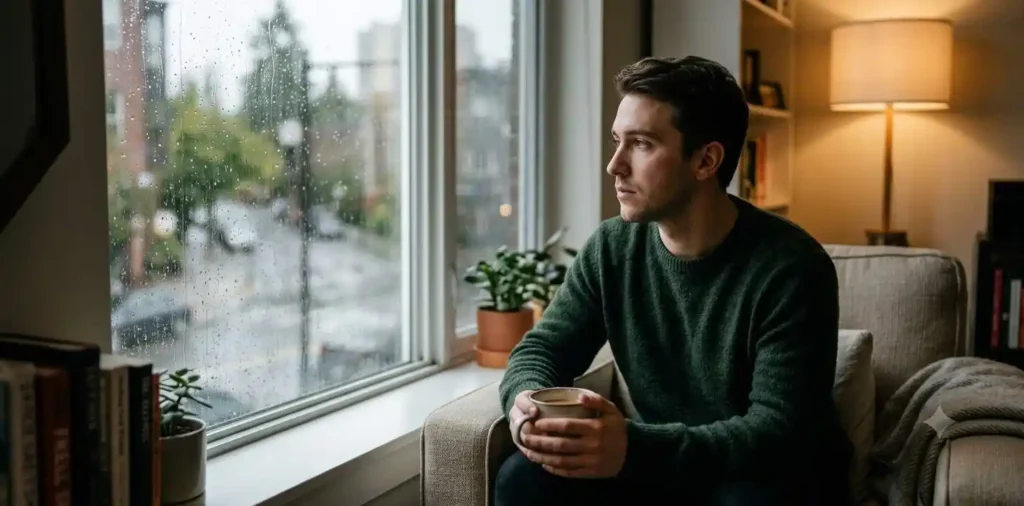 Man sitting alone beside a quiet window