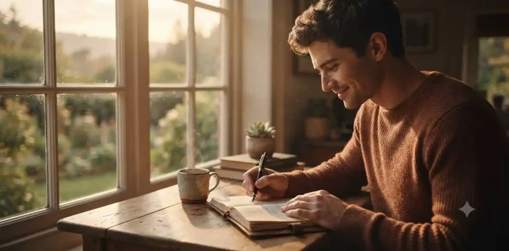Man writing gratitude notes by a cozy window