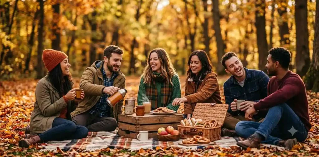Friends laughing beneath colorful autumn trees