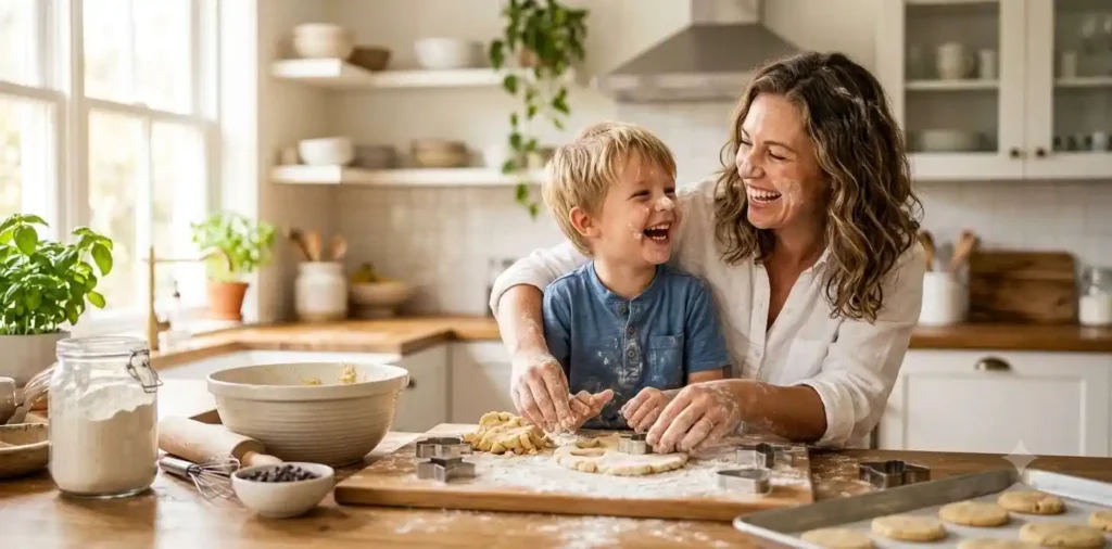 Mother baking cookies with young son