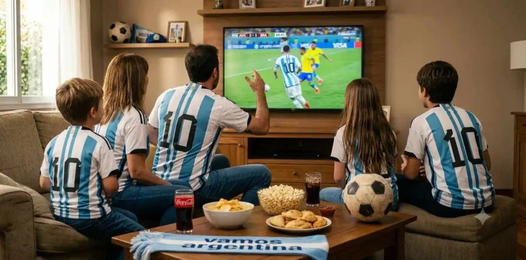Family cheering during football match at home